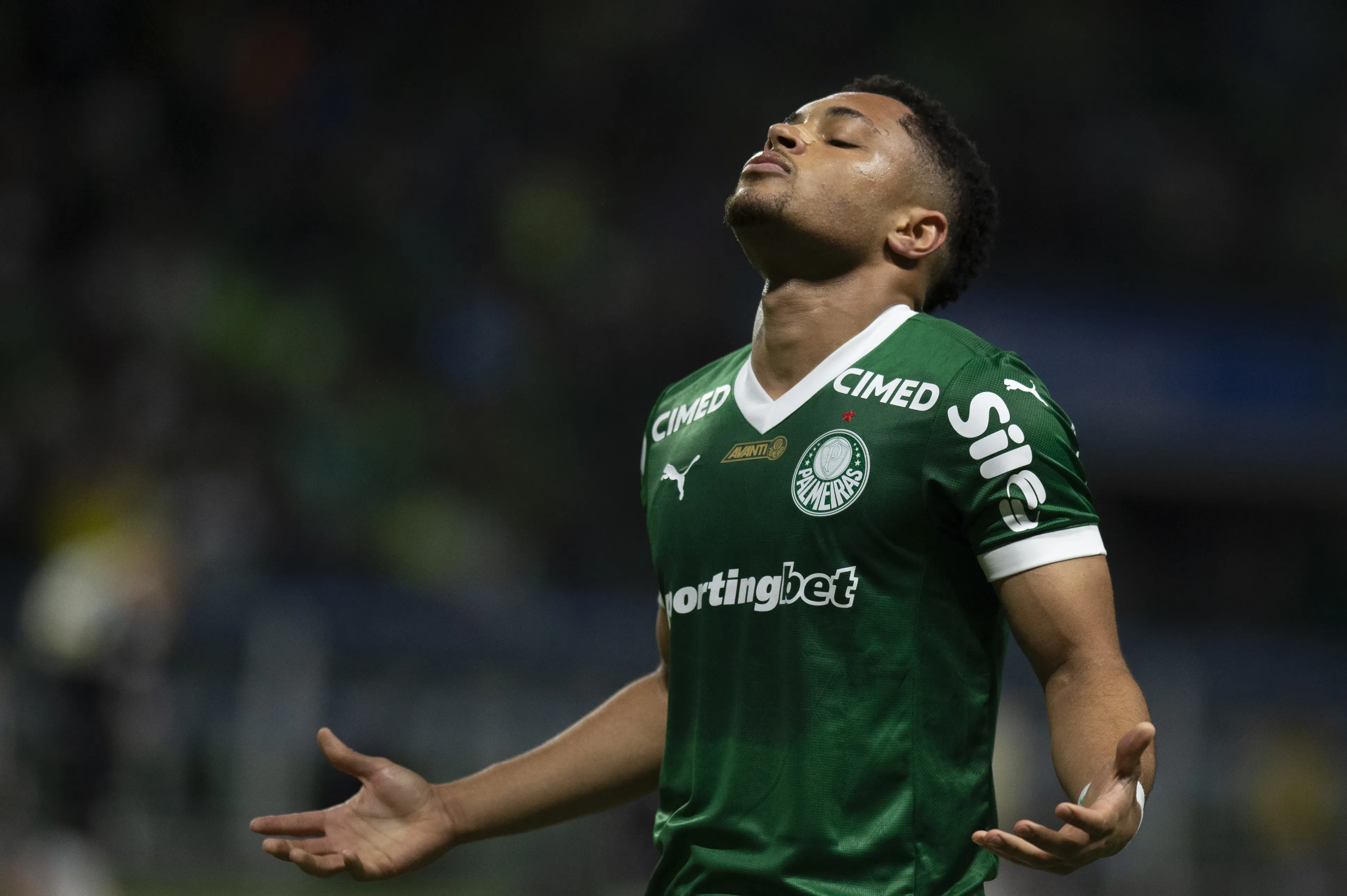 Vitor Roque jogador do Palmeiras comemora seu gol durante partida contra o Santos no estadio Arena Allianz Parque pelo campeonato Brasileiro A 2025. Foto: Anderson Romao/AGIF