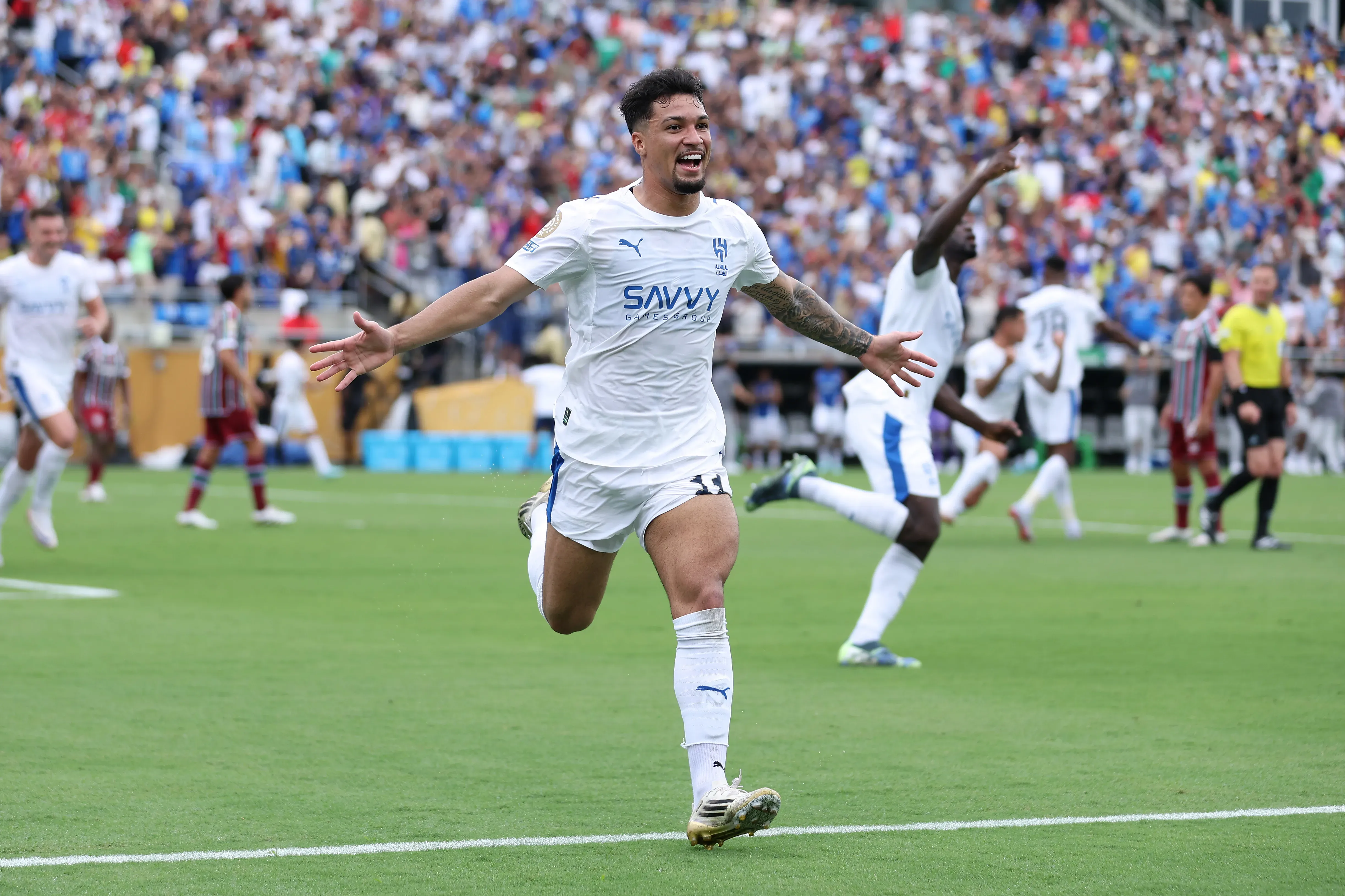 ORLANDO, FLORIDA – JULY 04: Marcos Leonardo #11 of Al Hilal celebrates scoring his team’s first goal during the FIFA Club World Cup 2025 quarter final match between Fluminense FC and Al Hilal at Camping World Stadium on July 04, 2025 in Orlando, Florida. (Photo by Megan Briggs/Getty Images)