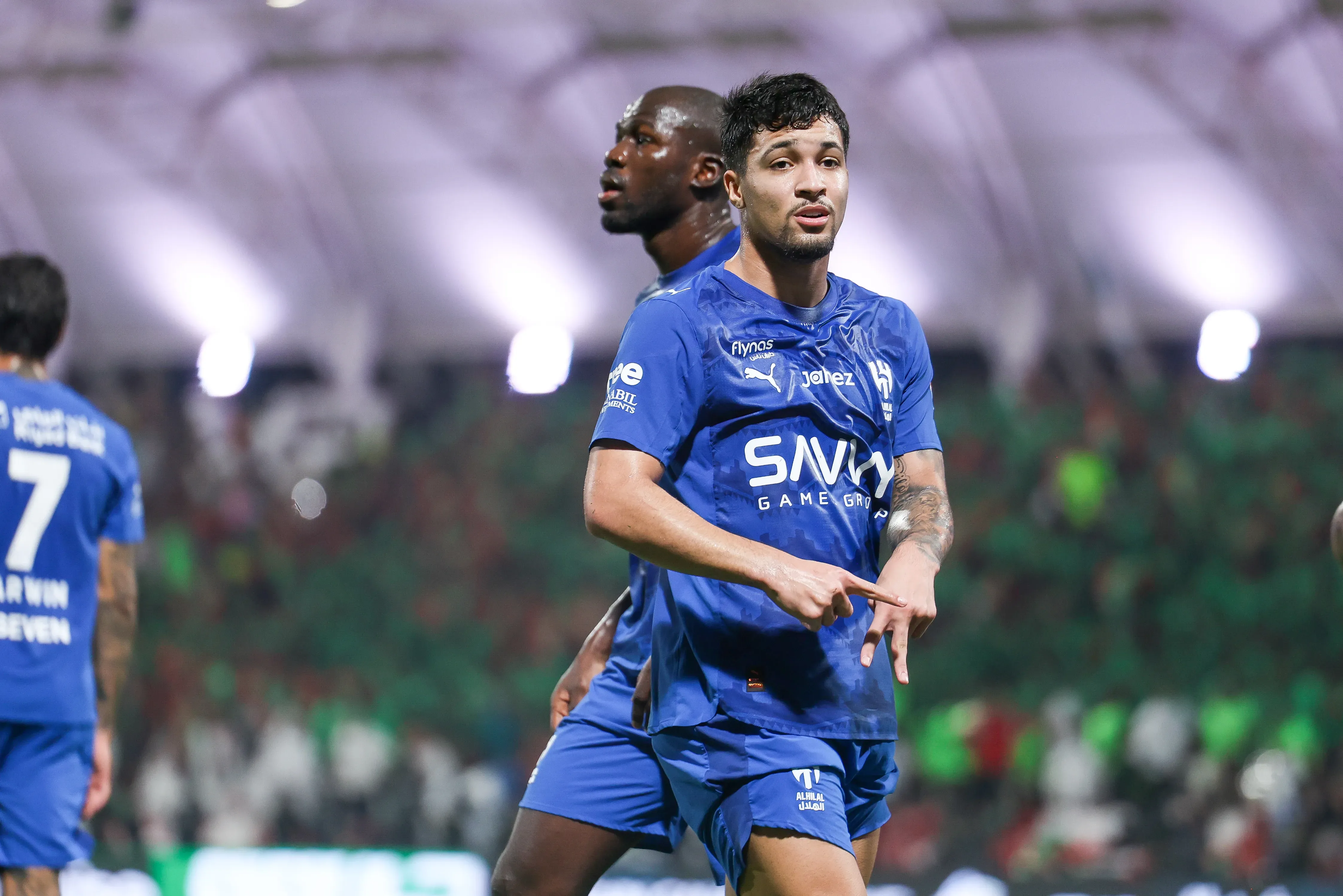 Marcos Leonardo of Al Hilal celebrates after scoring the 1st goal during the Saudi Pro League match between Al Ettifaq and Al Hilal at Ego Stadium on October 18, 2025 in Dammam, Saudi Arabia. (Photo by Yasser Bakhsh/Getty Images)