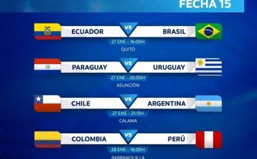 El cronograma de la fecha 15 de las Eliminatorias. (Foto: Twitter oficial Conmebol)