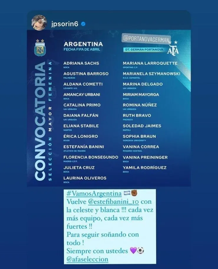 Banini no habló pero compartió algunos mensajes de Instagram, como el de Juampi Sorín.