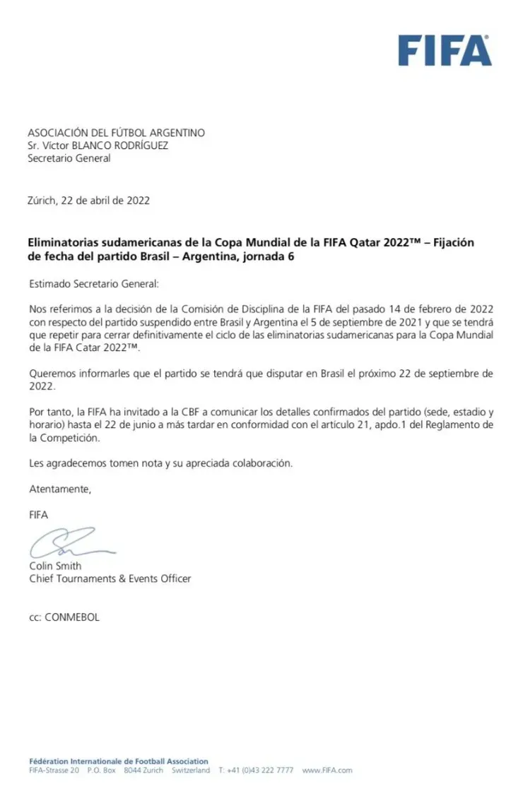 La carta que envió la FIFA.