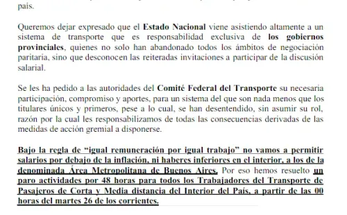 El comunicado de la UTA.