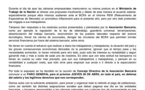 Comunicado Oficial de la Asociación Bancaria del miércoles 20 de abril.