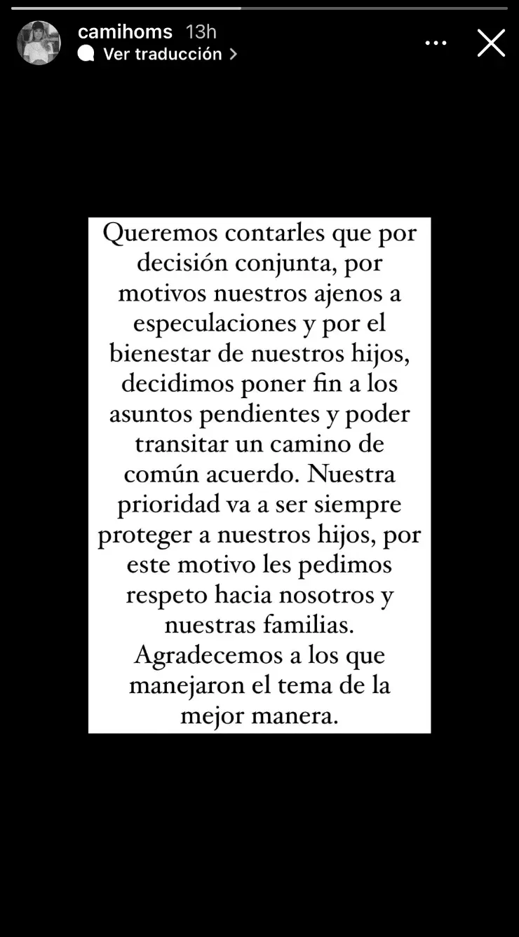 Camila Homs y Rodrigo De Paul compartieron el mismo comunicado en sus redes sociales.