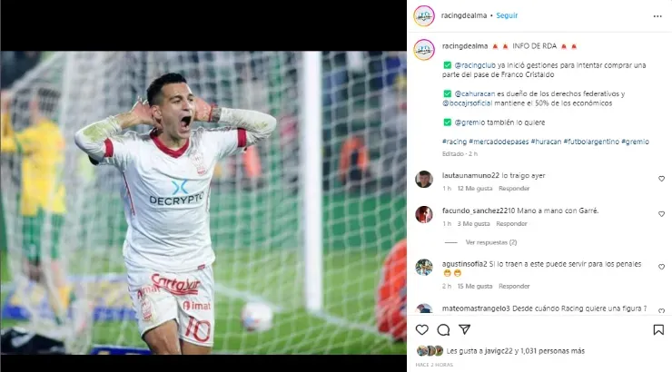 Cristaldo, en los planes de Racing.