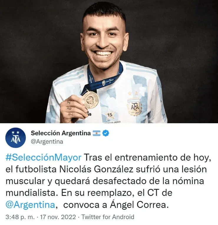 Nicolás González, baja de la Selección.