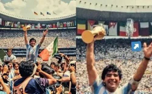 Diego Maradona señalando la bandera de Qatar.
