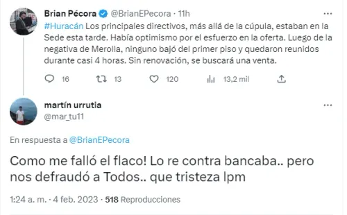 El enojo de los hinchas de Huracán con Merolla.
