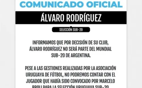 El comunicado con el que la AUF confirmó que no podrá contar con Álvaro Rodríguez.