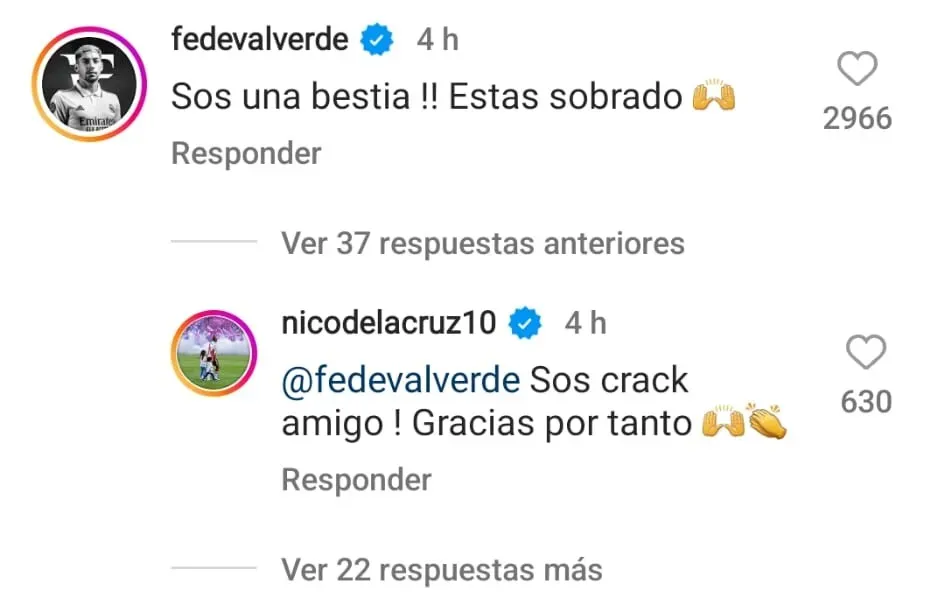 El comentario de Valverde para De La Cruz. (Foto: Instagram)
