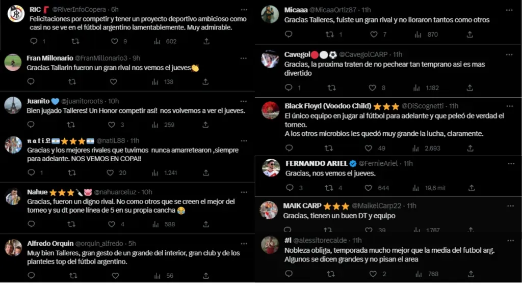 Elogios de hinchas de River para Talleres