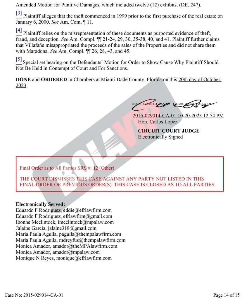 El final del documento que cerró la causa contra Claudia Villafañe. (Foto: Bolavip)