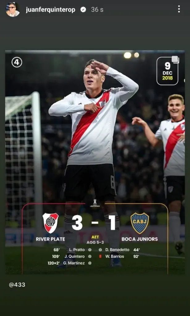 Juanfer Quintero, en su Instagram, recordó la final que River le ganó a Boca.