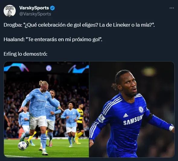 Haaland cumplió y festejó como Drogba (Twitter @VarskySports).