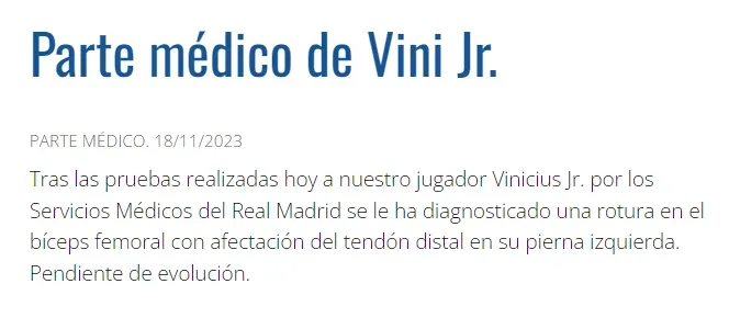 El parte médico de Vinícius Júnior.
