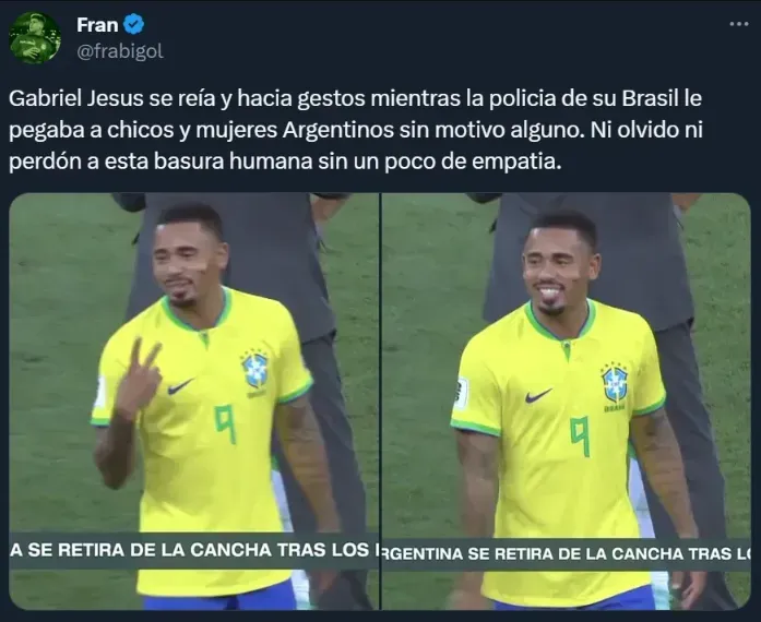 Gabriel Jesús y la burla a los jugadores argentinos.