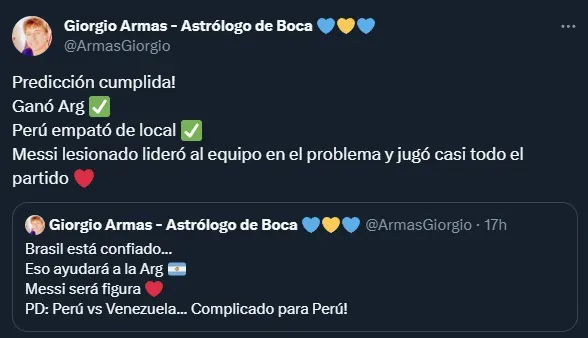 Giorgio Armas y su predicción acertada respecto al triunfo de Argentina (Twitter @ArmasGiorgio).