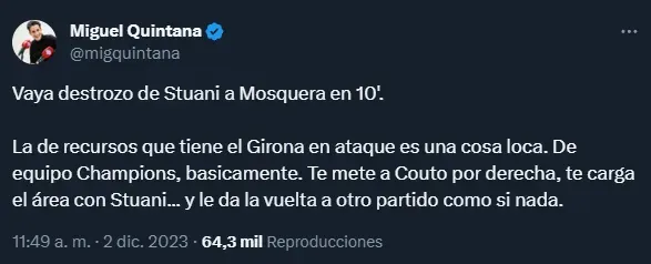 El tuit de Miguel Quintana elogiando a Stuani.