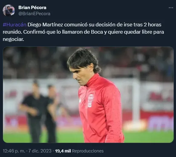 Diego Martínez quiere dirigir a Boca (Twitter @BrianEPecora).