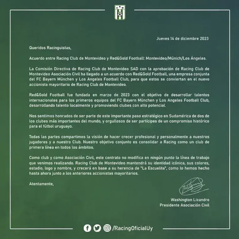 Racing de Montevideo anunció la llegada de Red&Gold Football. (Prensa Racing)