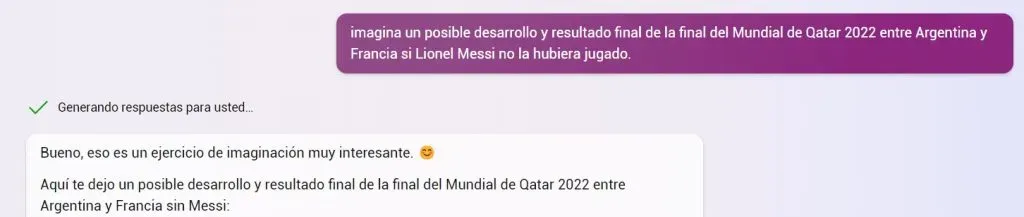 En Bolavip le pedimos a Bing Chat que imagine el partido sin Messi (Captura Bing Chat).