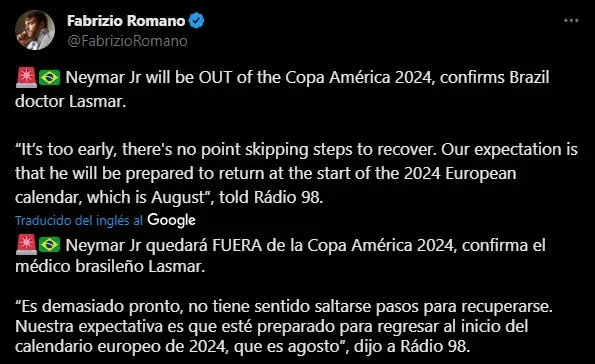 Neymar no jugará la Copa América 2024. (Foto: X / @FabrizioRomano)