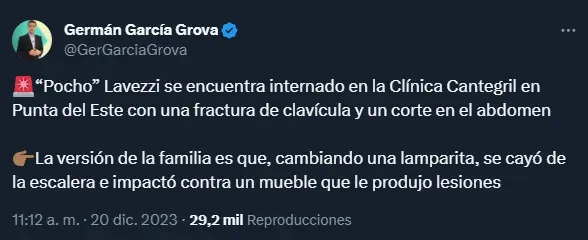 La versión familiar sobre lo que le sucedió a Lavezzi (Twitter @GerGarciaGrova).
