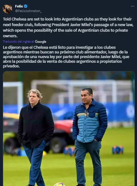 La información sobre el interés de Chelsea en comprar un club argentino (Twitter @FelixJohnston_)