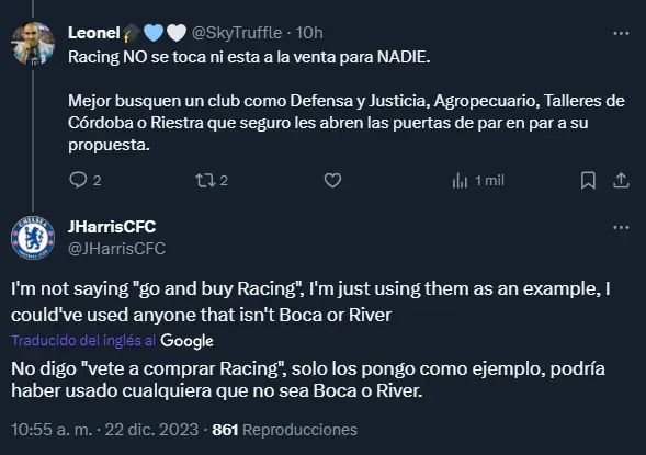 Hinchas de Racing le respondieron al de Chelsea (Twitter @JHarrisCFC).