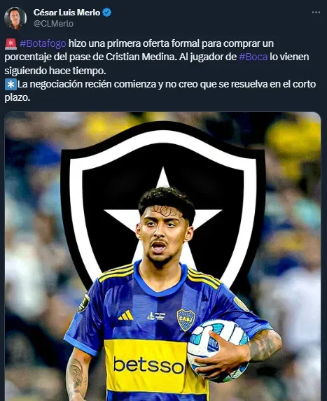 Botafogo hizo oferta por Medina (Twitter @CLMerlo).