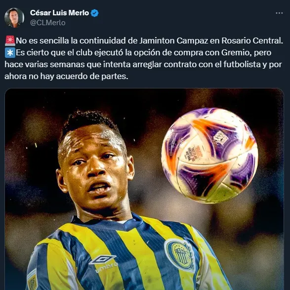 Jaminton Campaz sigue sin acordar su contrato con Rosario Central (Twitter @CLMerlo).