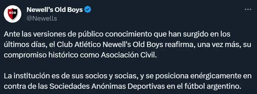 El comunicado de Newell’s Old Boys por medio de sus redes sociales.