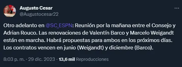 Boca negocia las renovaciones de Barco y Weigandt (Twitter @Augustocesar22).
