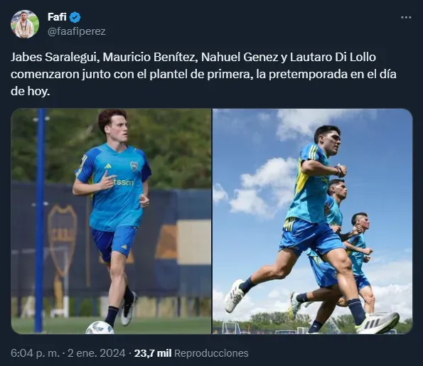 Benítez y Saralegui ya hacen la pretemporada con el primer equipo (Twitter @faafiperez).