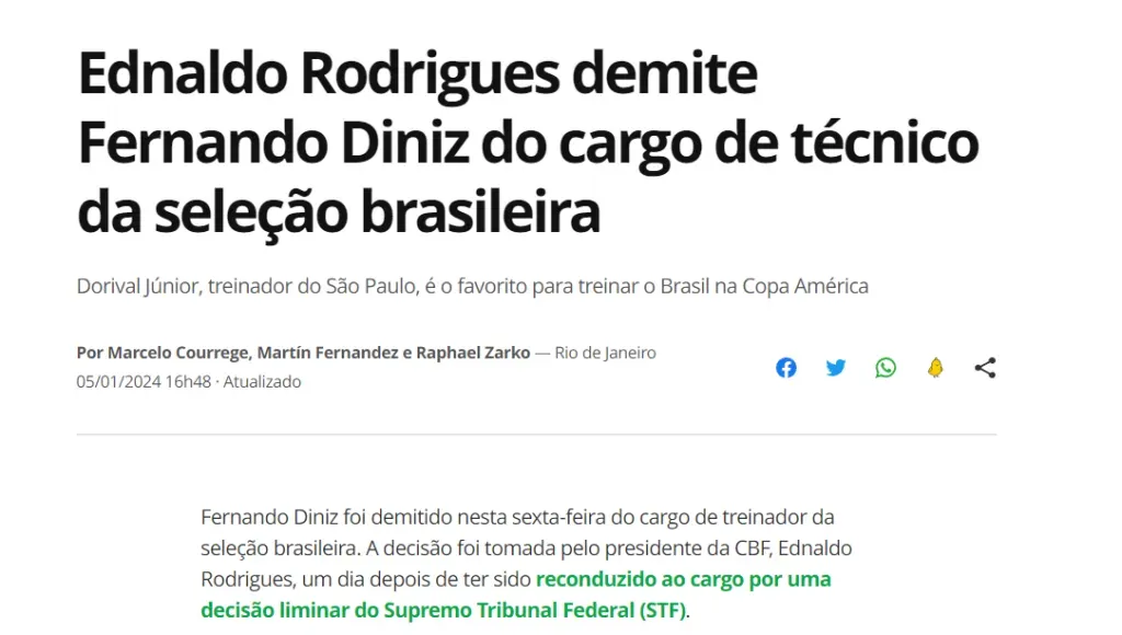 Diniz deja de ser el DT de la selección de Brasil, según Globo (Portal Web de Globo).