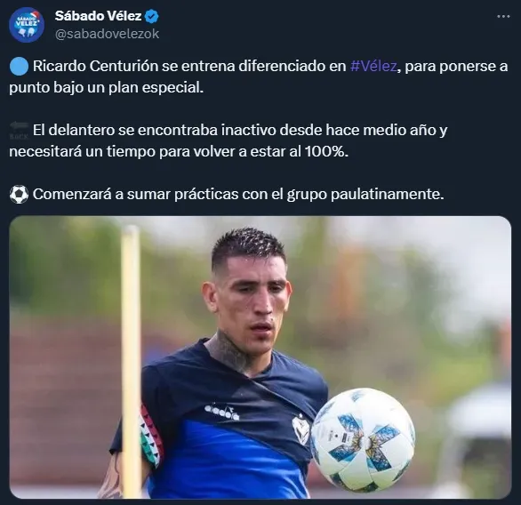 Ricardo Centurión, separado del grupo, pero con motivo (Twitter @sabadovelezok).