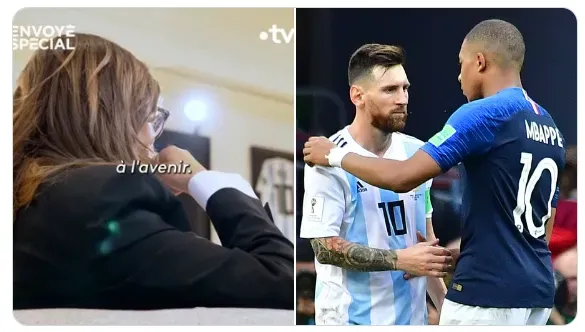 La imagen en la que se ve a Fayza Lamari con la camiseta de Lionel Messi detrás.
