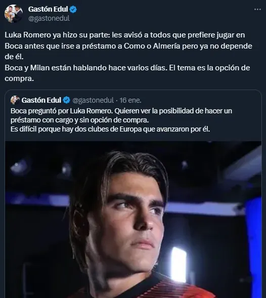 Luka Romero y su postura respecto a su llegada a Boca (Twitter @GastonEdul).