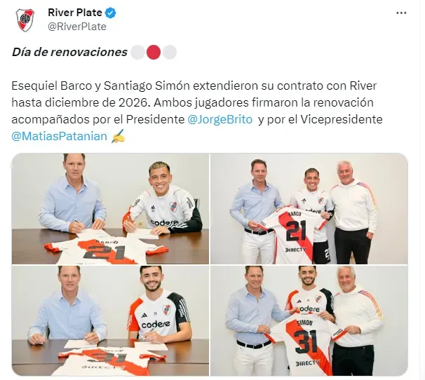 Posteo de River sobre las renovaciones.