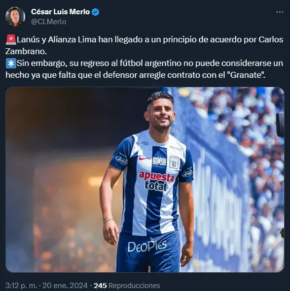 Carlos Zambrano está cerca de llegar a Lanús (Twitter @CLMerlo).
