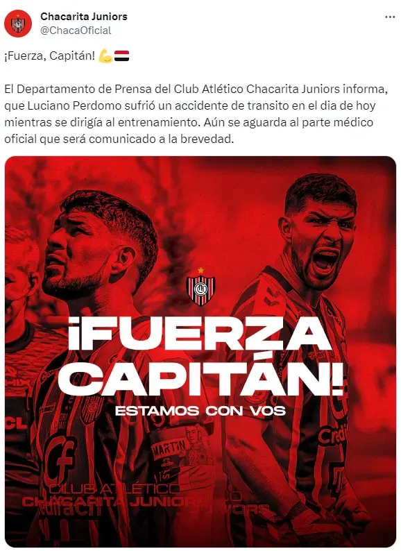 El posteo de Chacarita Juniors sobre la situación de Luciano Perdomo