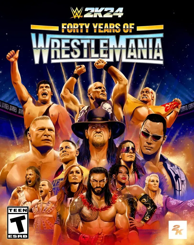 Portada del WWE 2K24 – Forty Years of WrestleMania Edition