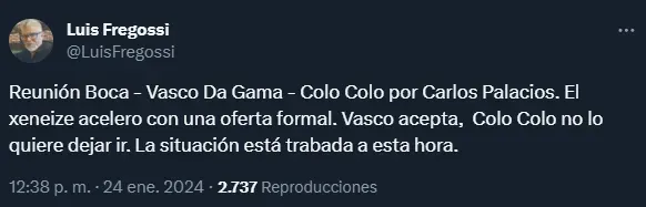 Hay reunión para destrabar el pase de Carlos Palacios a Boca (Twitter @LuisFregossi).