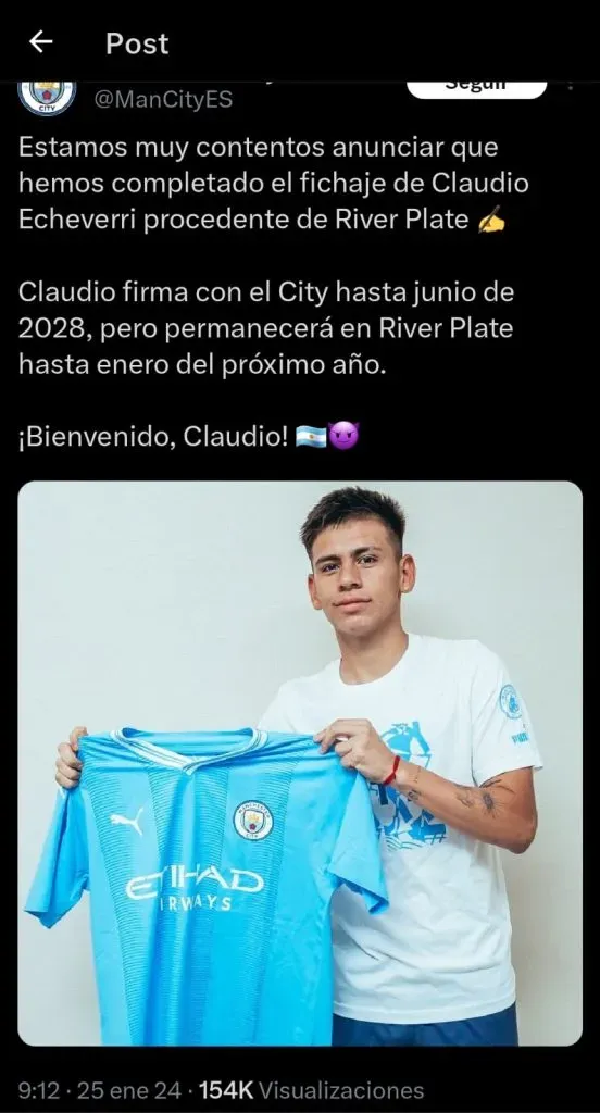 Manchester City presentó al Diablito Echeverri con una chicana para Boca.