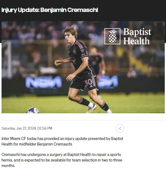 Comunicado con el estado de Cremaschi (Inter Miami oficial).