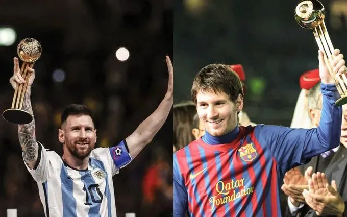 Lionel Messi con el premio de Mejor Jugador de la Copa Mundial de Qatar 2022 y de la Copa Mundial de Clubes de Japón 2011. Getty Images