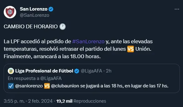 San Lorenzo cambia de horario ante Unión (Twitter @SanLorenzo).