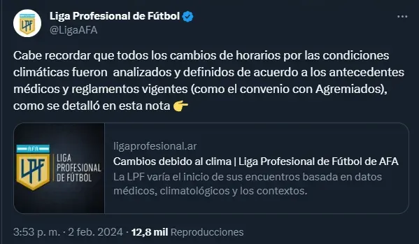 La Liga aprueba los cambios, según las reglamentaciones sobre las condiciones climáticas (Twitter @LigaAFA).