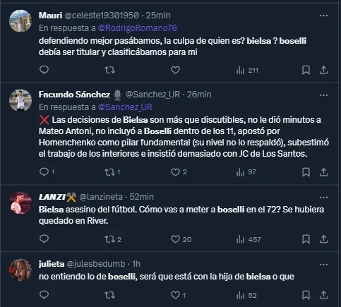 A Bielsa lo cuestionaron por no poner a Boselli (Twitter).